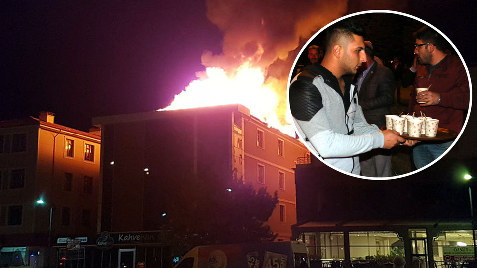 Yangını izleyenlere çay servisi