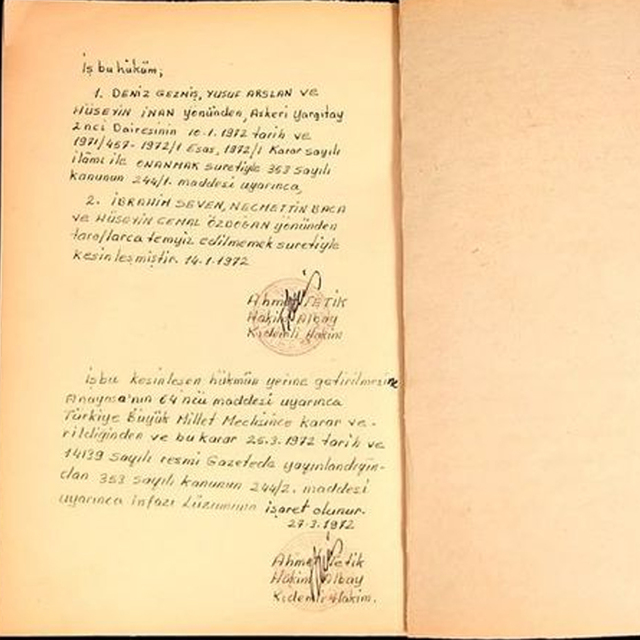 Deniz Gezmiş'in idam hükmü belgesi Ulucanlar'da