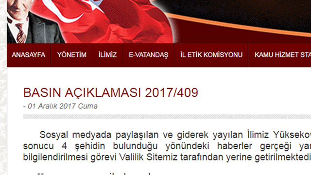 Hakkari Valiliği: Sosyal medyada 4 askerin şehit olduğu yönündeki haberler gerçeği yansıtmamaktadır