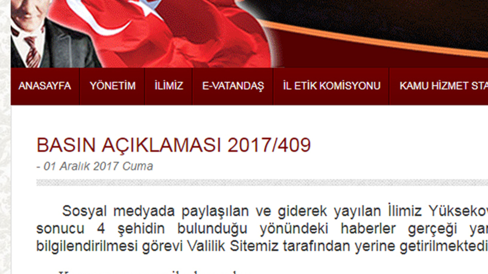 Hakkari Valiliği: Sosyal medyada 4 askerin şehit olduğu yönündeki haberler gerçeği yansıtmamaktadır
