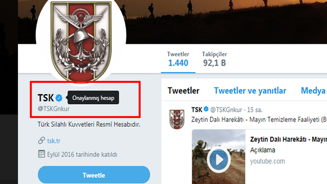TSK'ya Twitter'da 'mavi tik'