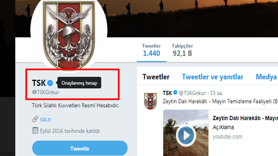 TSK'ya Twitter'da 'mavi tik'