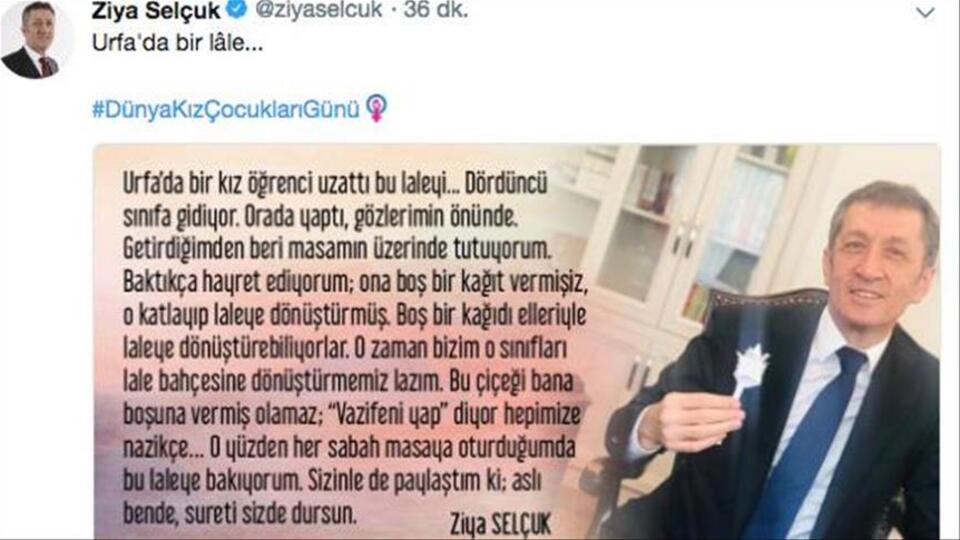 Milli Eğitim Bakanı Ziya Selçuk'tan "Dünya Kız Çocukları Günü" kutlaması...