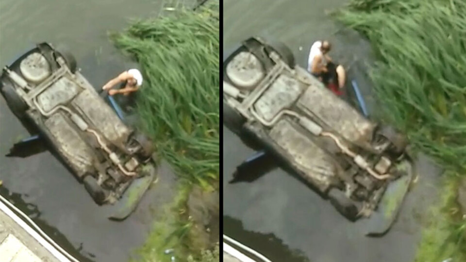 Helal olsun! Suya batan araçtaki aileyi böyle kurtardı!