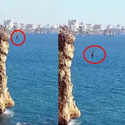 40 metrelik falezlerden tehlikeli atlayış!