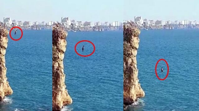 40 metrelik falezlerden tehlikeli atlayış!
