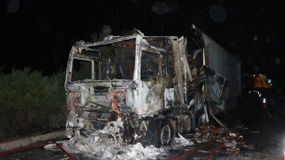 Seyir halindeki TIR alev alev yandı