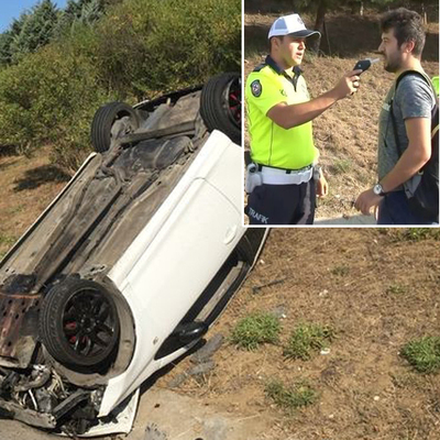 TEM'de taksici sıkıştırdı takla attı!