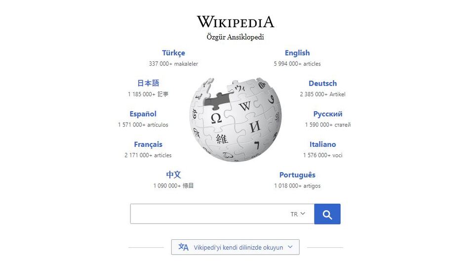 İşte Wikipedia giriş sayfası