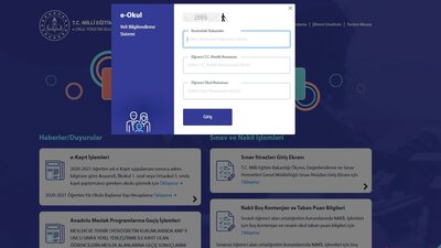 E Okul giriş ekranı 2021