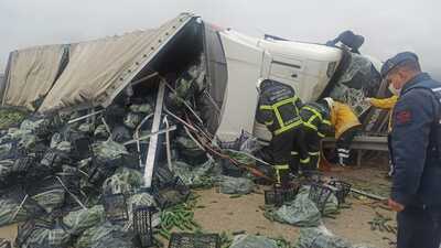 Sebze yüklü TIR devrildi: 2 ölü!