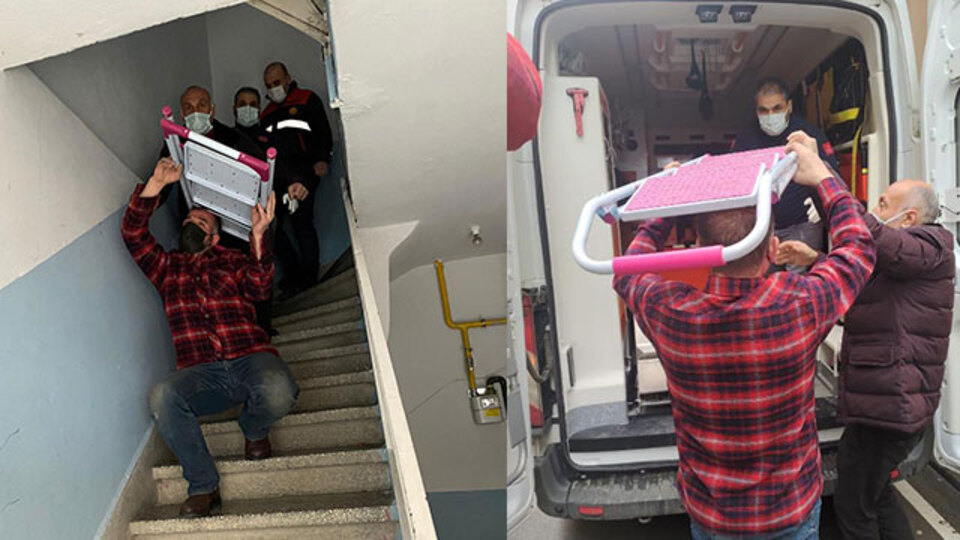 Akılalmaz olay! Merdivenle ambulansa bindirildi