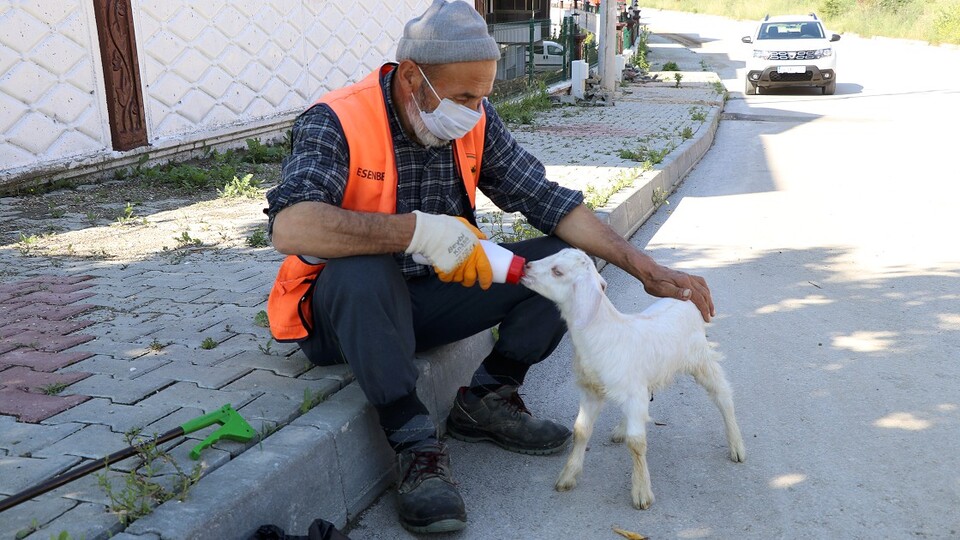 Peşinden ayrılmayan oğlağıyla cadde ve sokakları temizliyor