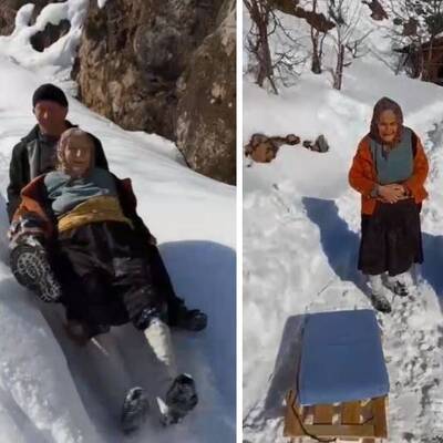 95 yaşındaki Saadet ninenin kızak keyfi