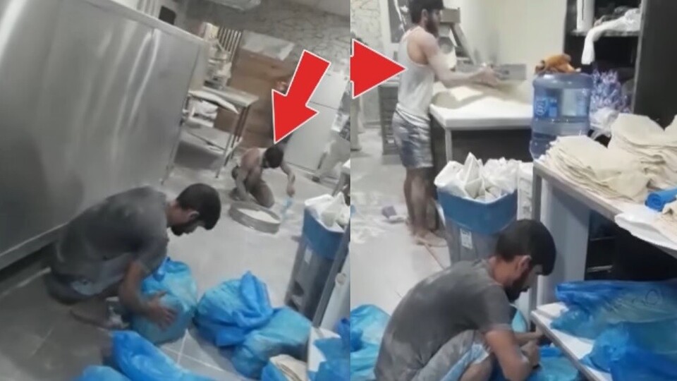 Skandal görüntü! Yere dökülen unlarla ekmek yaptı