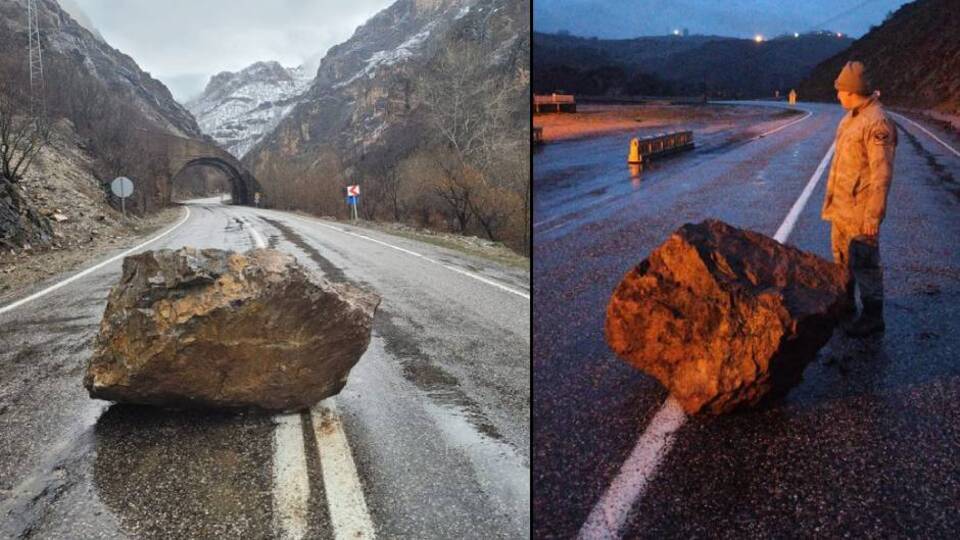 Tunceli'deki sağanakta yola kaya parçaları düştü