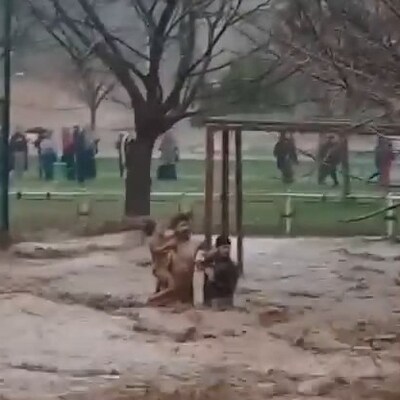 Sele kapılan kızını tutup ağaca sarıldı!