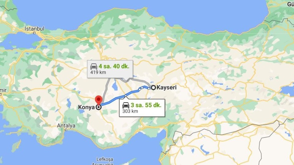 Kayseri - Konya arası kaç km?
