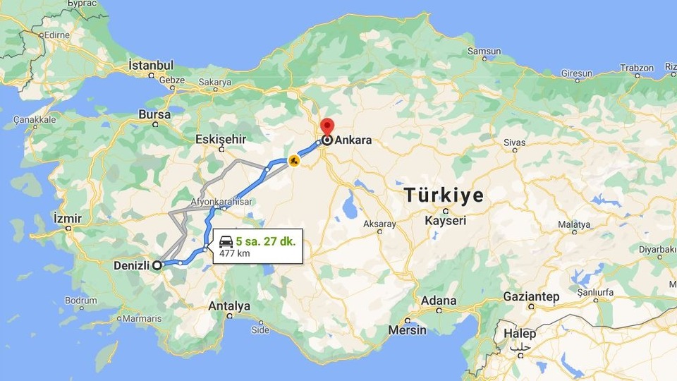 Ankara Denizli arası kaç km?
