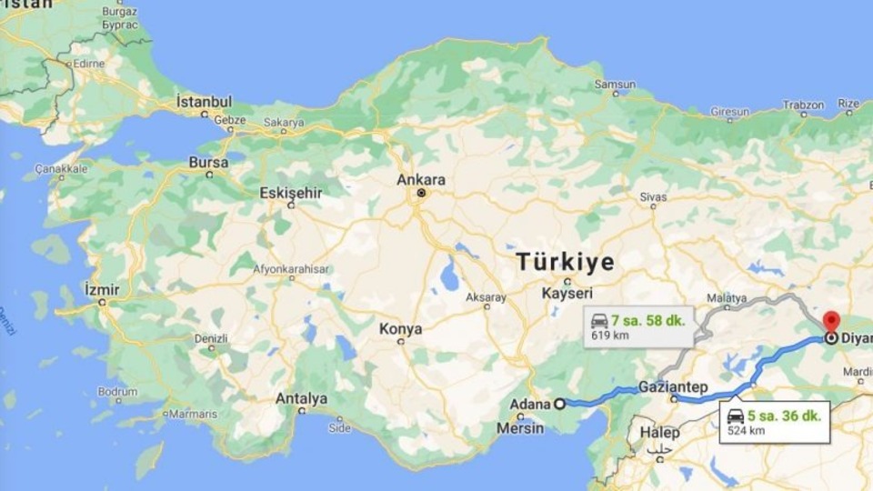 Adana Diyarbakır arası kaç km?