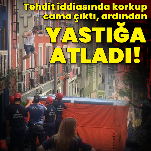 Tehdit edilince cama çıktı! İtfaiyenin açtığı yastığa atladı