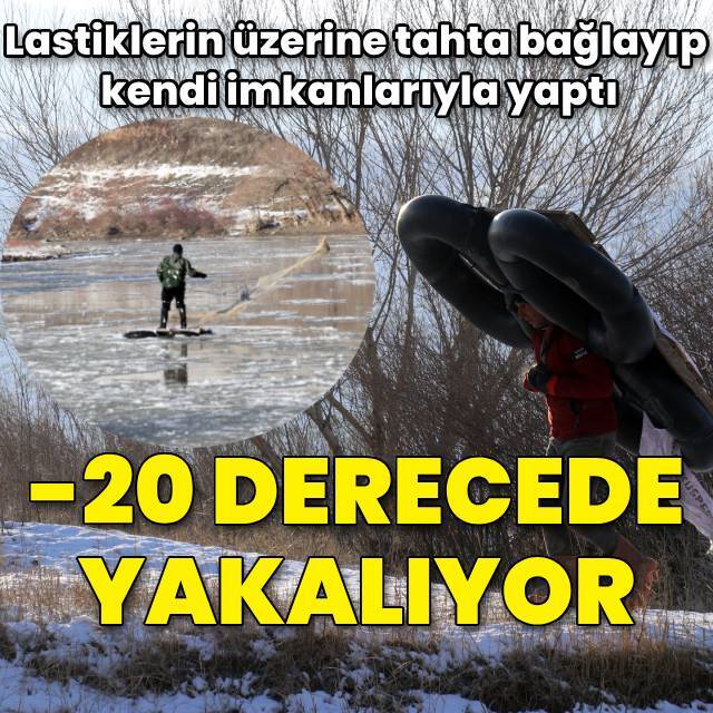 Nehirde buz parçaları arasında balık avlıyor