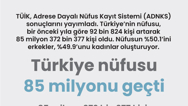 Türkiye nüfusu 85 milyonu geçti