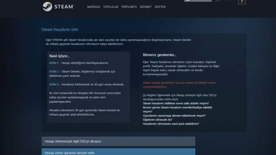Steam hesabı nasıl silinir?