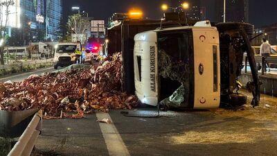 Sakatat yüklü kamyon devrildi