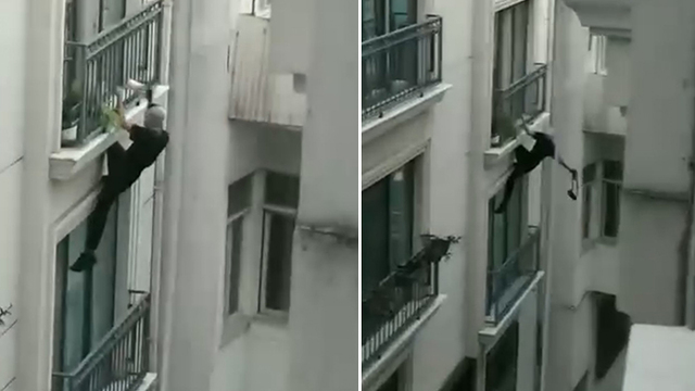 "Örümcek adam" gibi otele tırmandı