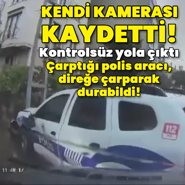 Çarptığı polis aracı, direğe çarparak durabildi!
