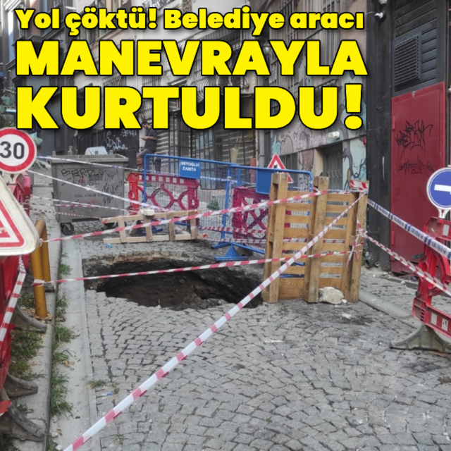 Yol çöktü! Belediye aracı manevrayla kurtuldu