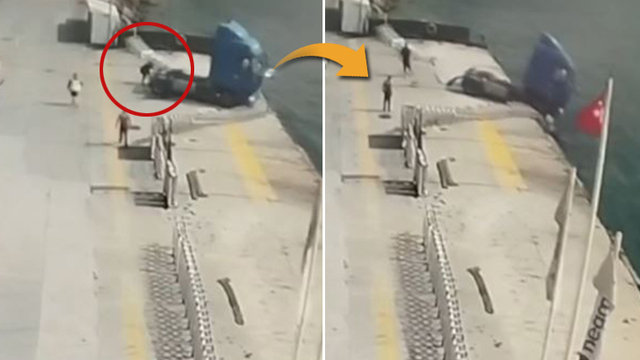 Denize düşen TIR'ı tutarak durdurmaya çalıştı