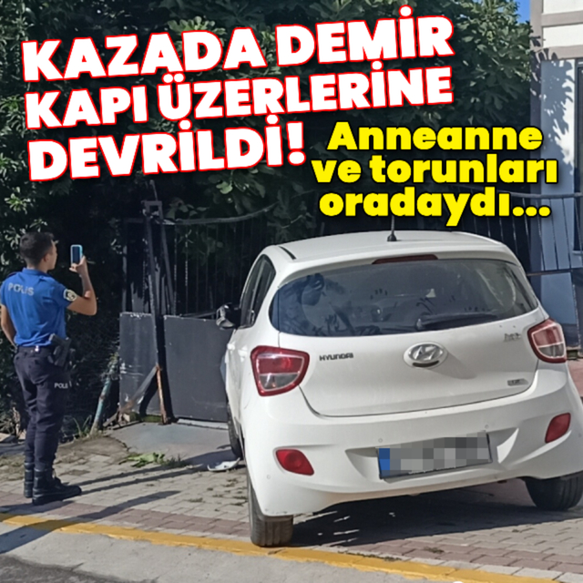 Üzerlerine otomobilin çarptığı demir kapı devrildi!