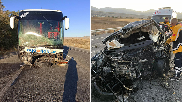Yolcu otobüsüyle otomobil çarpıştı: 1 ölü, 3 yaralı