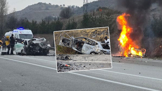Bir araç tamamen yandı! Katliam gibi kaza: 5 ölü!