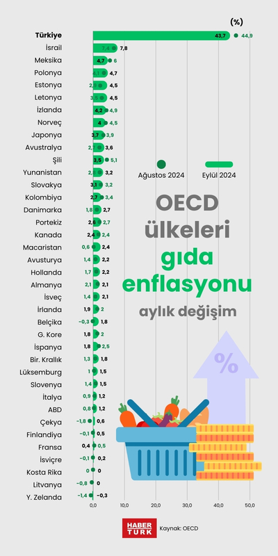 OECD ülkeleri gıda enflasyonunda aylık değişim