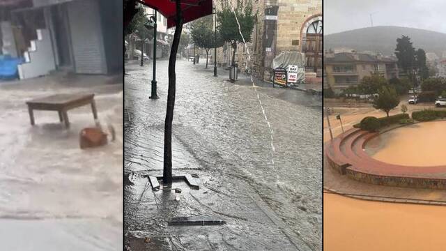 Çeşme'de masa ve sandalyeler akıntıya kapıldı