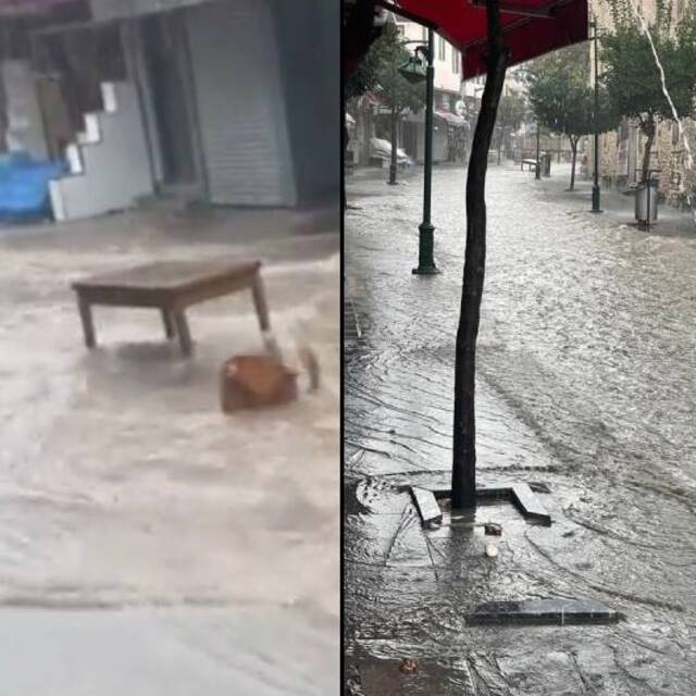 Çeşme'de masa ve sandalyeler akıntıya kapıldı