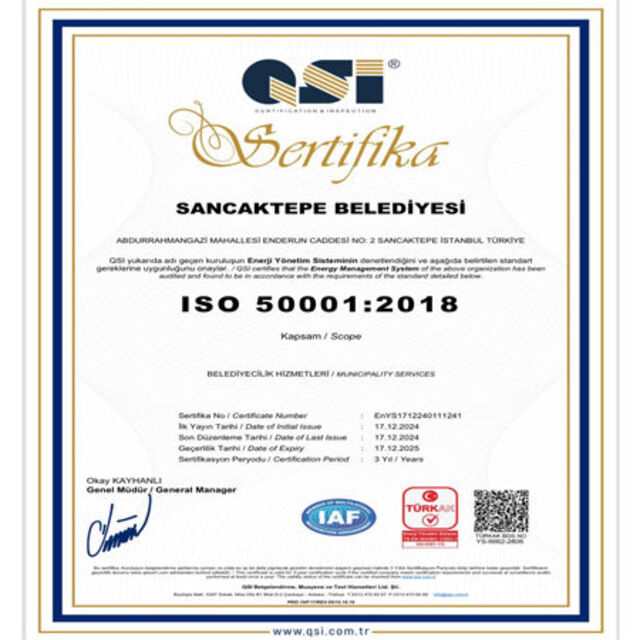 Sancaktepe'ye Enerji 50001 Yönetim Sistemi Sertifikası