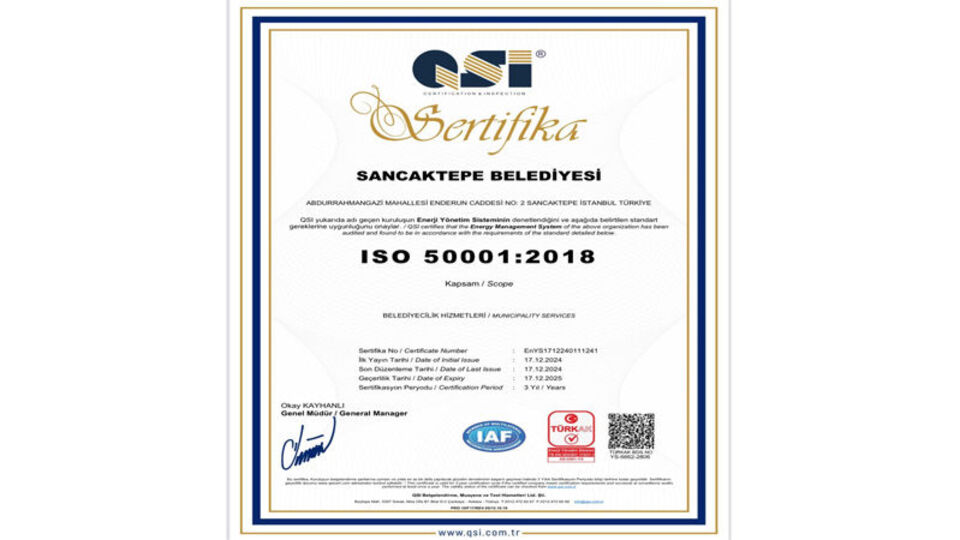 Sancaktepe'ye Enerji 50001 Yönetim Sistemi Sertifikası