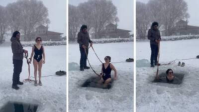 Buzla kaplı Çıldır Gölü'ne girdi!