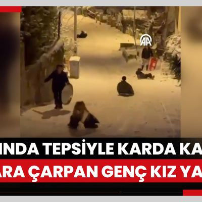 Bartında tepsiyle karda kayarken duvara çarpan genç kız yaralandı