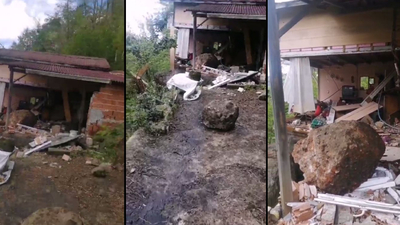 Rize'de kayalar eve çarptı