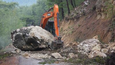 Dev kaya yola düştü, tarım alanları zarar gördü