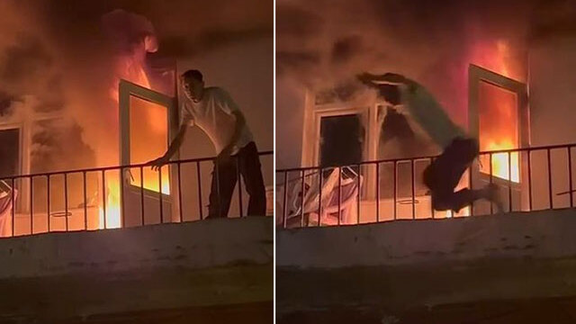 Alevler büyüyünce balkondan atladı!