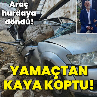 Araç hurdaya döndü... Yamaçtan kaya koptu!