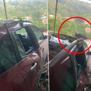 Çatı çöktü! Kurbanlık boğa, otomobilin üzerine düştü!