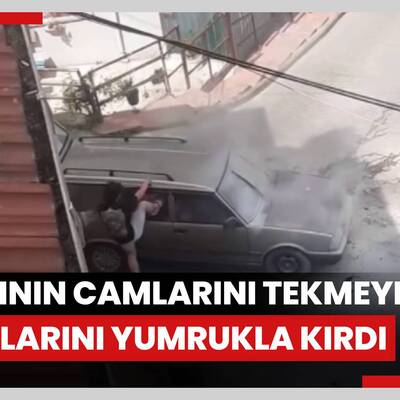 Beyoğlu’nda öfkeli sürücü yanan aracının camlarını tekmeyle, aynalarını yumrukla kırdı; O anlar kamerada