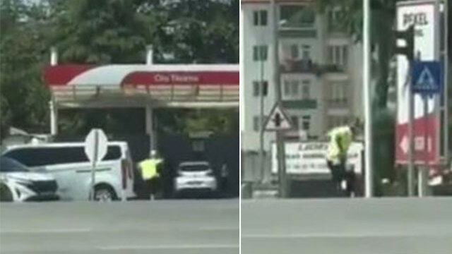 Kargalar trafik polisine saldırdı! Ekip otosuna binip kurtuldu!